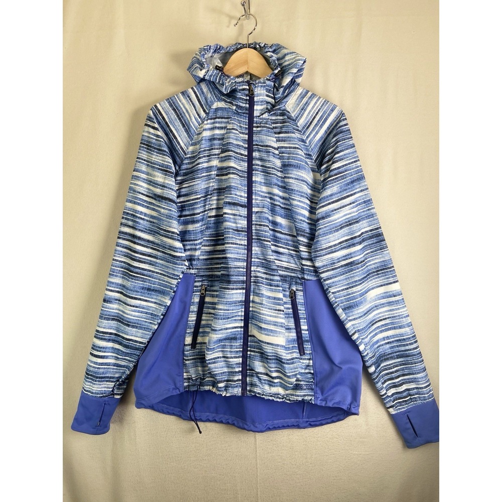 Marmot Blue Striped Wind Breaker Jacket Women's Size XL Hooded Full Zip Outdoor